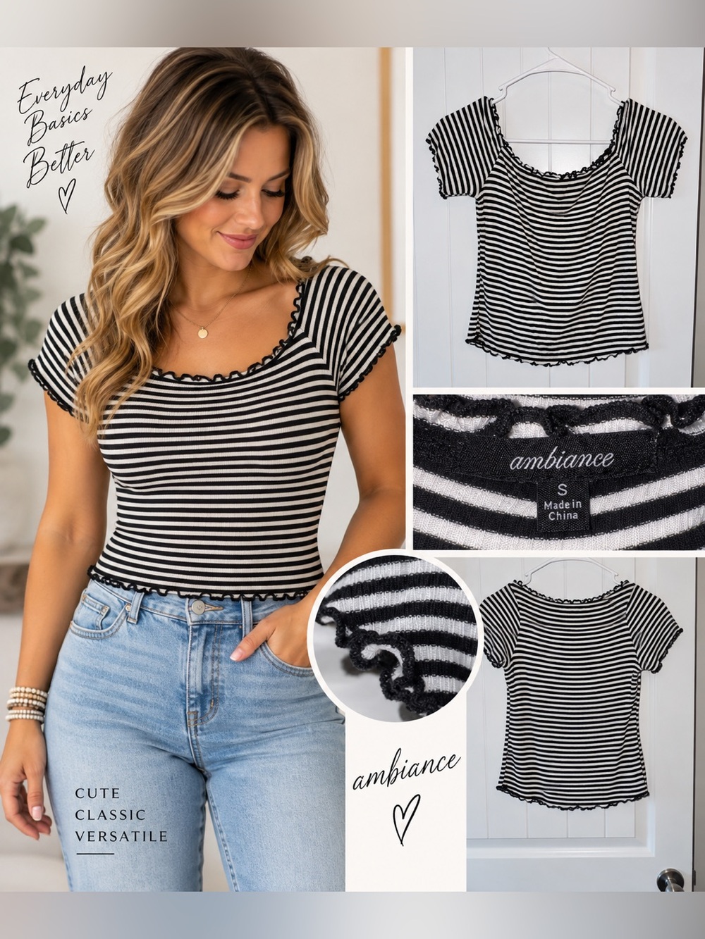 Ambiance Black & White Striped Scoop Neck Top